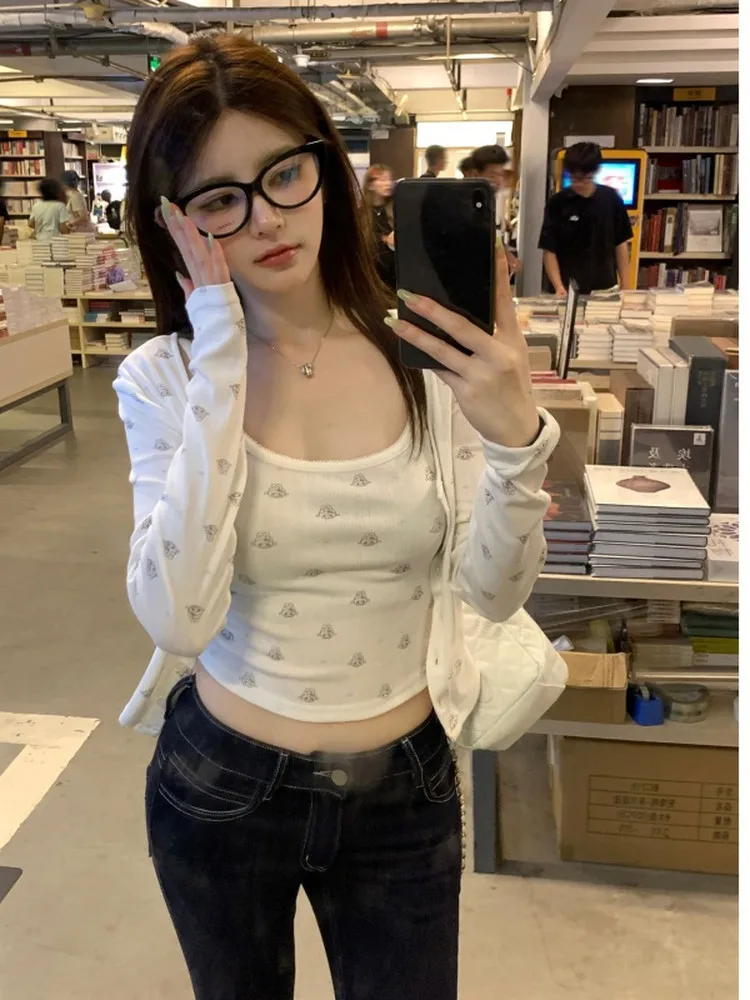 

Summer Floral Long Sleeve Knitted Sun Protection Open Cardigan Top Sexy Embroidery Strap Vest Women Two Piece Set French Style