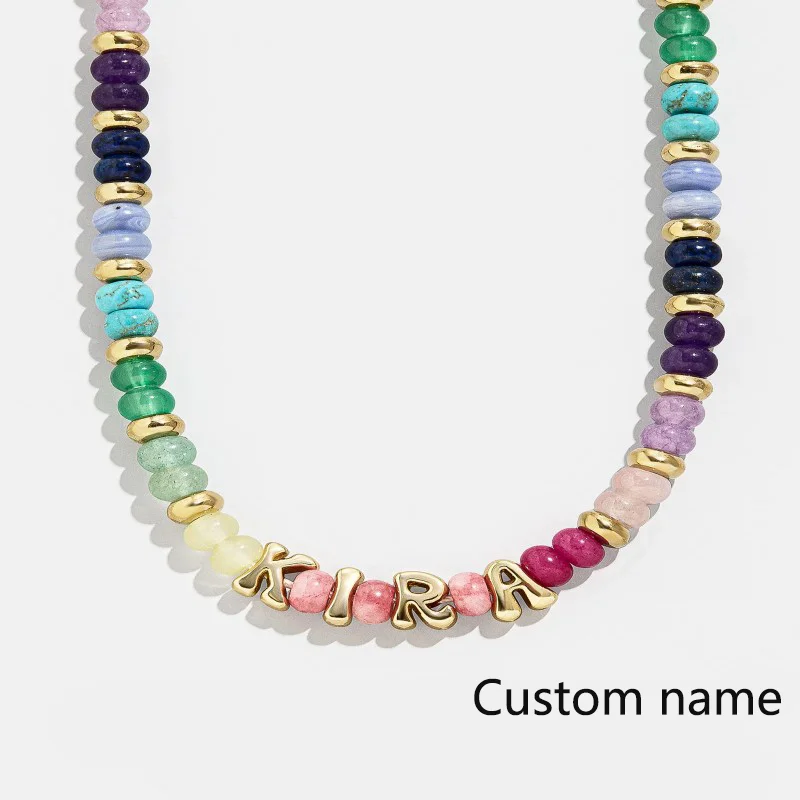 

Custom Semi-Precious Bubble Necklace 26 Initials Customized Name Necklace Gold Bubble Name Colorful Beaded Necklace Best Friendi