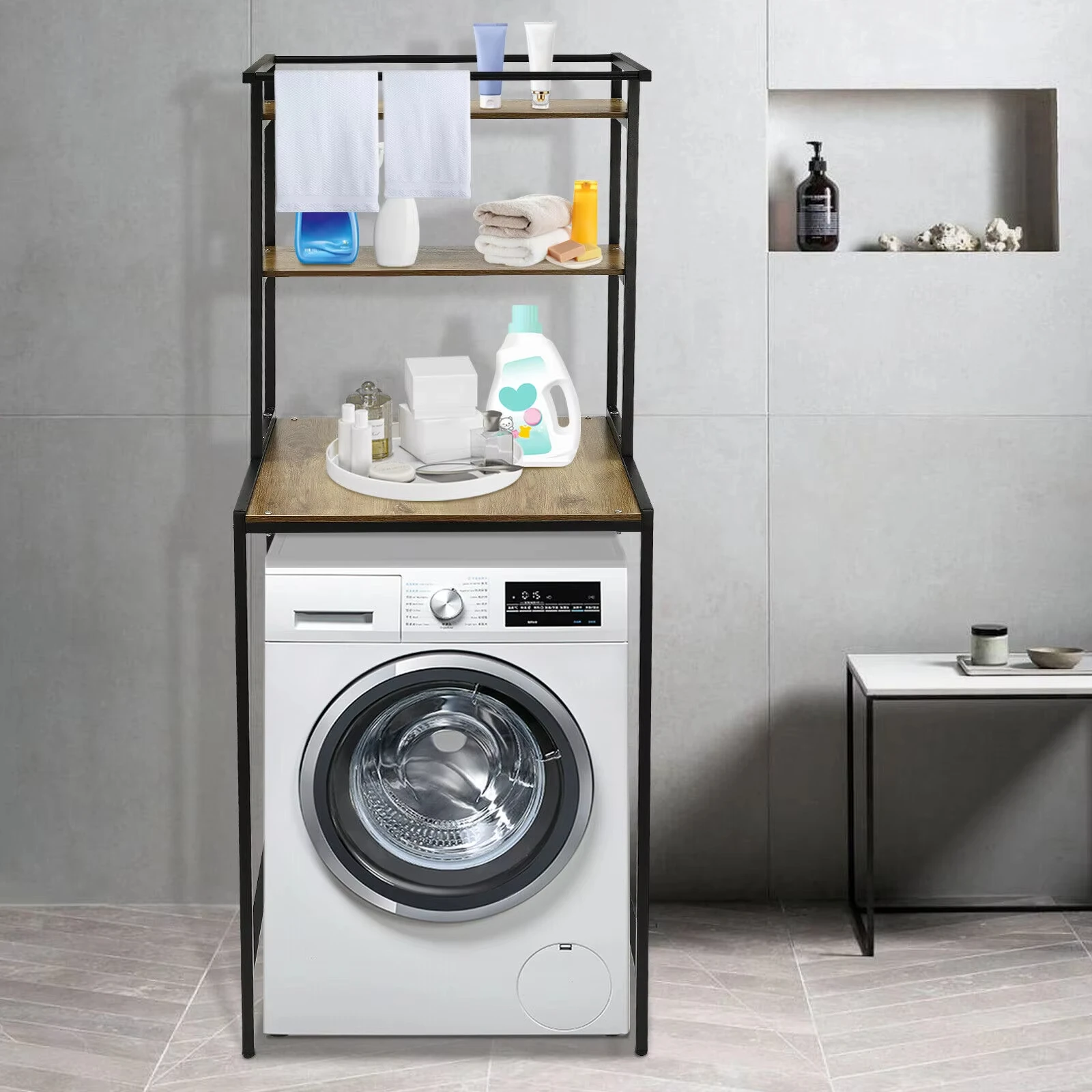 

3 Tier Washer Dryer Storage Shelf 69x60cm Floor Mount Laundry Rack 22lbs per Shelf Capacity MDF Iron Construction