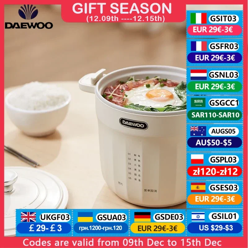 DAEWOO 1.2L Mini cuociriso Smart Electric Multi Cooker per dormitorio domestico 24H Timing Auto Keep Warm stufato zuppa Porridge Noodles