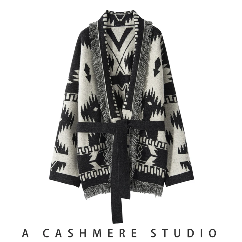 

Women V-neck Fringe Cardigan Autumn Winter Coat Outerwear Ethnic Style Warm Chic Elegantly Cashmere Knitwear 100% Cashmere