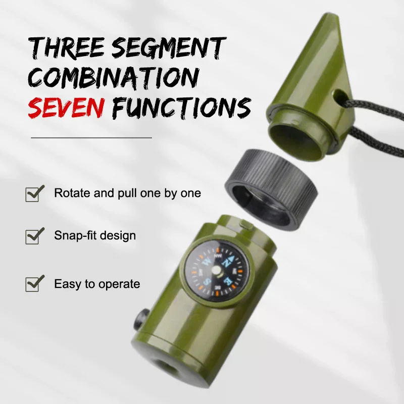 7 In1 Outdoor Emergency Whistle With Compass Thermometer Magnifier LED Lights Portable Convenient Survival Tools