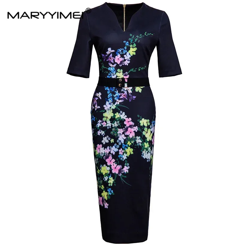 

MARYYIMEI Designer Summer Fashion Office Lady Slim Dress Women's Short Sleev Flower Print V-Neck Sexy Dresses Vestdios XXL