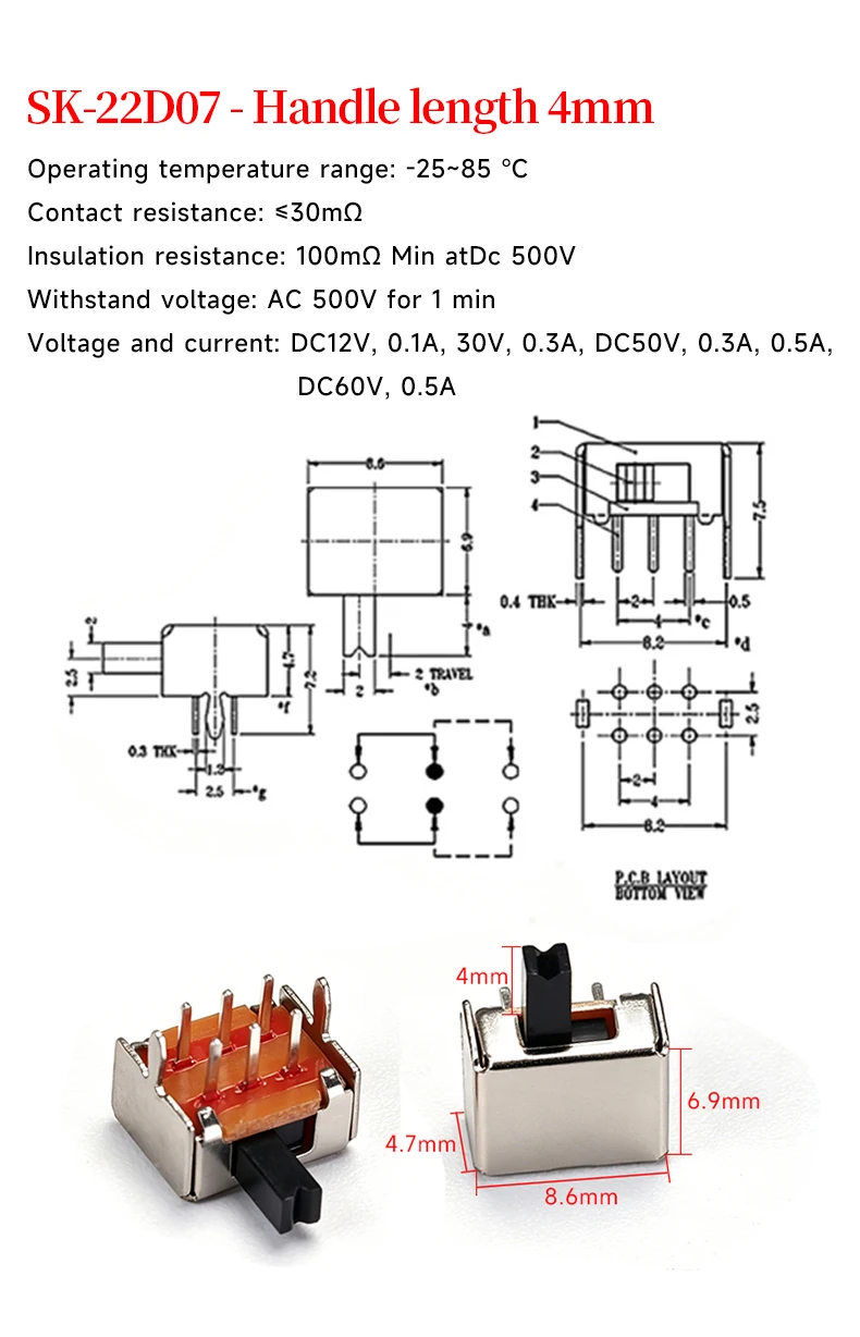 5 Stück SK-22D07 Doppelreihiger horizontaler Leistungsschalter, 6-poliger 2-Positionen-Kippschalter mit 4 mm horizontaler Grifflänge – Detail 1
