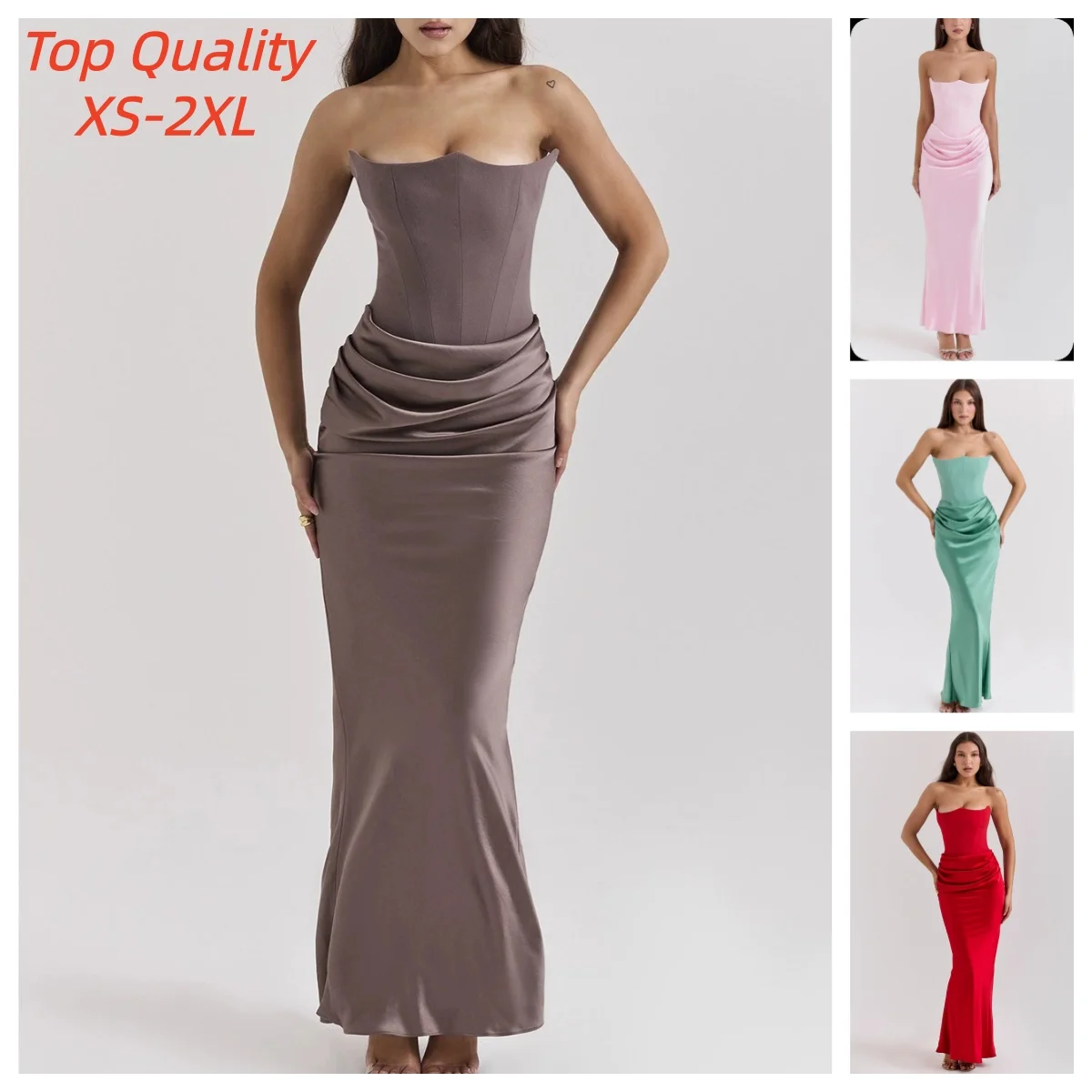 Sexy Satin Abendkleider für Damen 2026 Sommer Schulterfreies Fischgräten-Rüschen-Maxikleid Elegante Robe