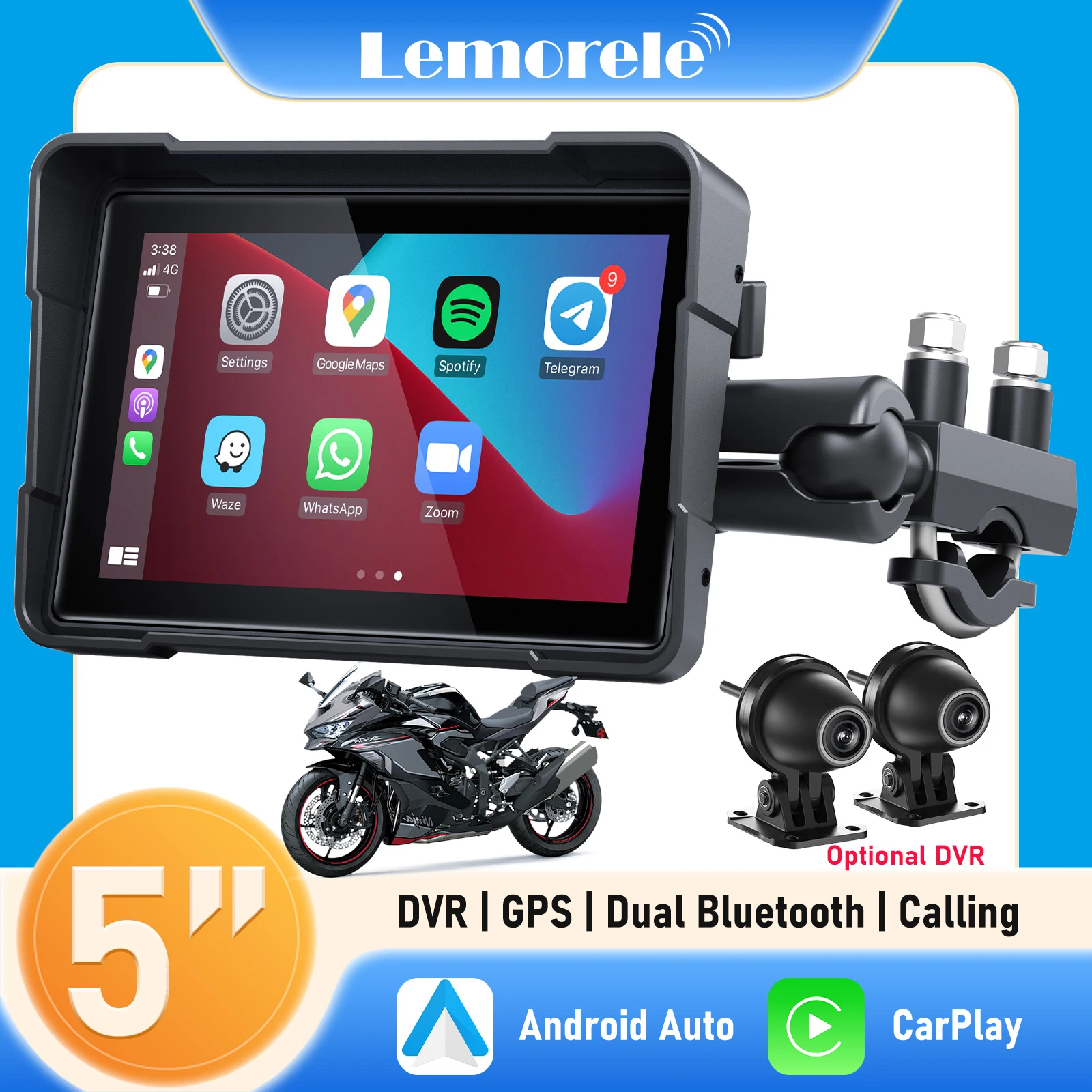 

Lemorele 5-дюймовый мотоциклетный GPS-экран с дополнительным видеорегистратором, беспроводным CarPlay и Android Auto, портативным навигационным дисплеем