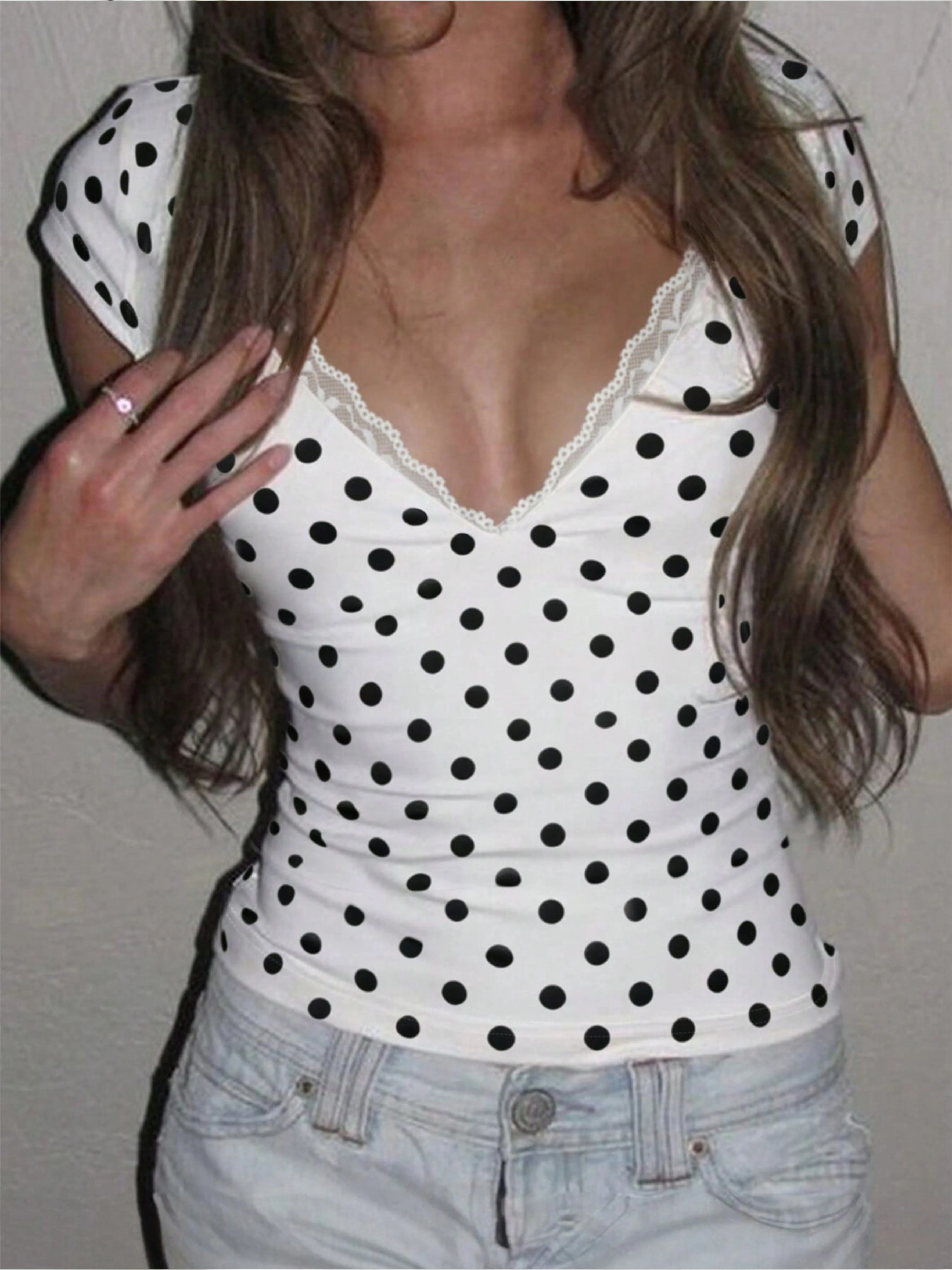 Women's Fashion Casual Retro Simple Versatile Lace‑Trimmed V‑Neck Polka‑Dot Short‑Sleeve T‑Shirt