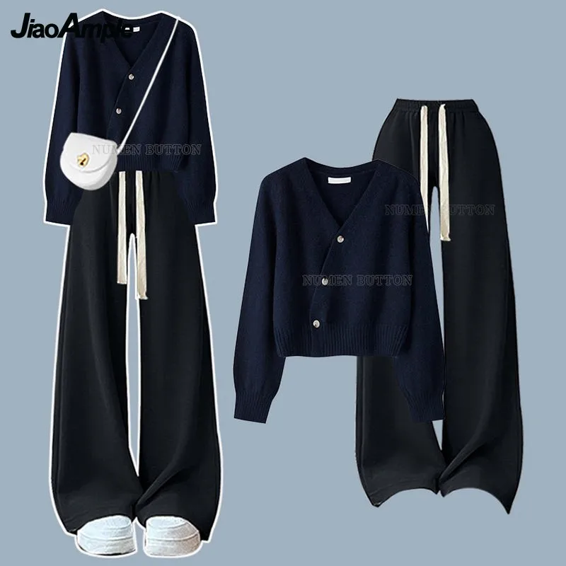 2024 Women Autumn Winter New Knit Sweater Coat+Casual Wide Leg Pants Two Piece Suit Korean Elegant Hoodie Trousers Matching Set