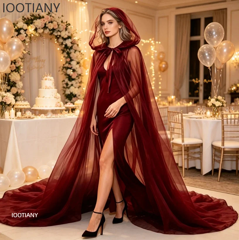 Women Sheer Tulle Hooded Cape Gradient Color Transparent Mesh Robe Gothic Fairy Wedding Bridal Evening Halloween Party Cloak