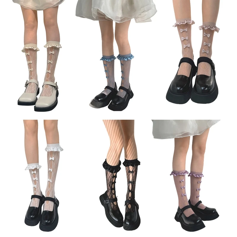 Women Floral Lace Calf Socks Sweet Girls Ruffled Trim Hollow Out Holes Bowknot Decor Summer Mesh Stockings