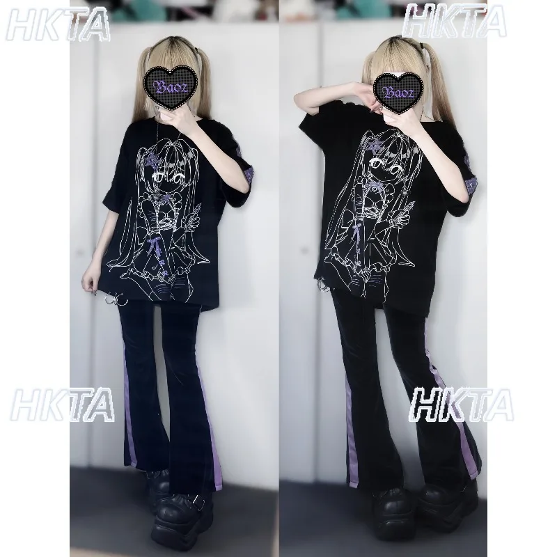 Subculture Y2k Two Dimensional Print Polka Dot Bow Color Matching Tshirt Dark Goth Loose Short Sleeved T Shirt Black Top Women