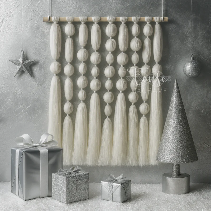 

Modern White Macrame Wall Hanging Handmade White Ball Design Tassel Wall Art Home Christmas Decor