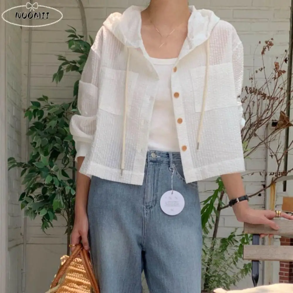 

Korean Style Drawstring Striped Hooded Shirt Retro Loose Long Sleeved Shirt Sunscreen Chic Sweatshirts for Women Autumn