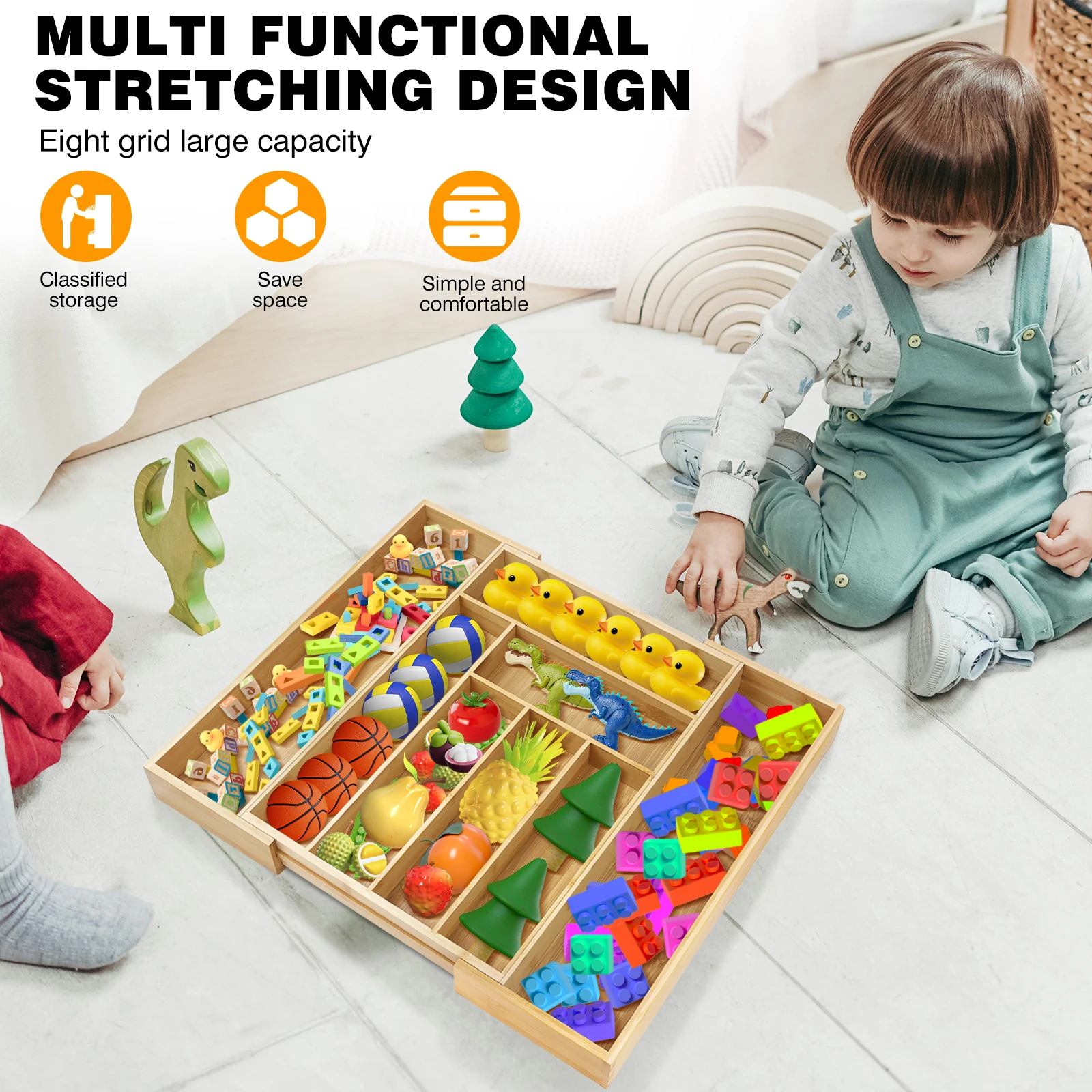 Bambus-Besteckkasten, erweiterbar von 32 x 43 cm auf 52 x 43 cm, 5 cm Tiefe, 6 bis 8 separate Fächer für Küche, Schlafzimmer, Büro – Detail 8