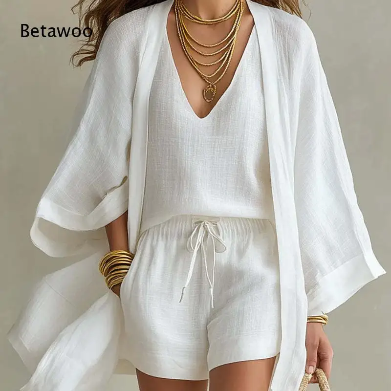 V-Neck Sleeveless Vest Drawstring Waist Shorts Open Front Batwing Three-Quarter Sleeve Three Piece Set for Casual Holiday