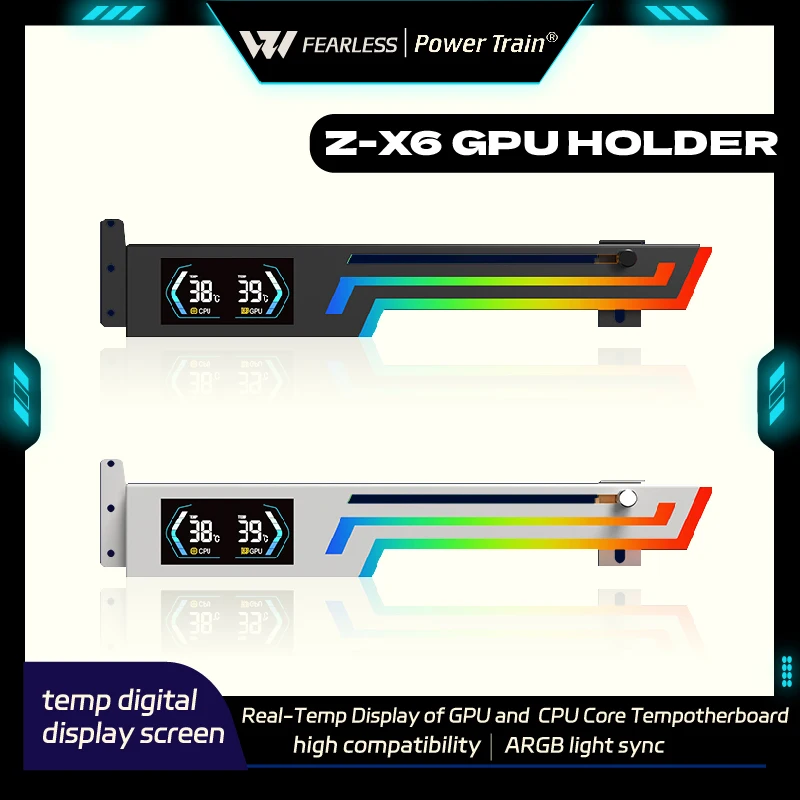 Power Train Z-X6 ARGB Smart Temperature Display GPU and CPU Core Temp 5V3PIN Adjustable Height Computer Graphic Card VGA Bracket