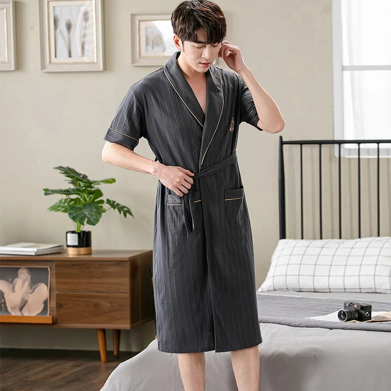 Summer Men Cotton Bathrobes Sleepwear Short Sleeve Cardigan V-Neck Long Robes Nightwear Male Home Clothes M-4XL Pijamas Hombre