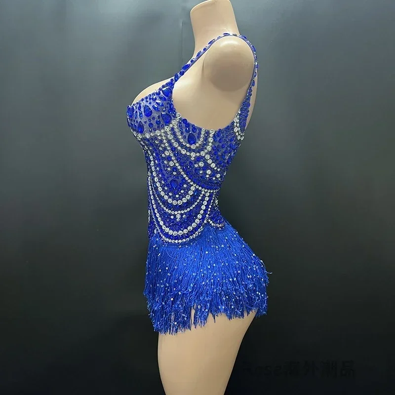 Nightclub Dj Ds Rave Outfits Women Sexy Gogo Dance Costume Stage Pole Dance Clothes Blue Rhinestones Fringed Bodysuit