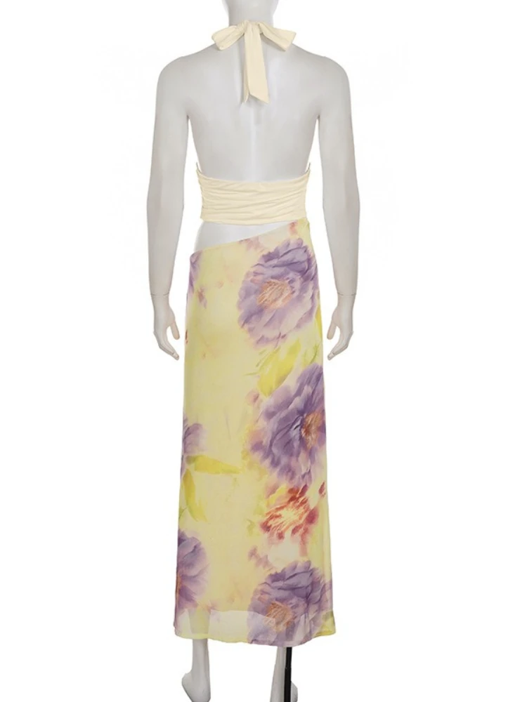 여름 플로럴 프린트 패치워크 홀터 맥시 드레스 섹시한 딥 V 프론트 슬리브리스 백리스 컷아웃 슬림 비치 휴가 드레스