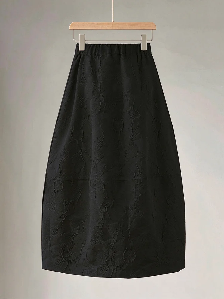 Elegant Mid-Length Half Skirt Women's plus Size 3D Floral Embossed Puffa Skirt High Waist Loose Fit H-Shape Elastic Waist