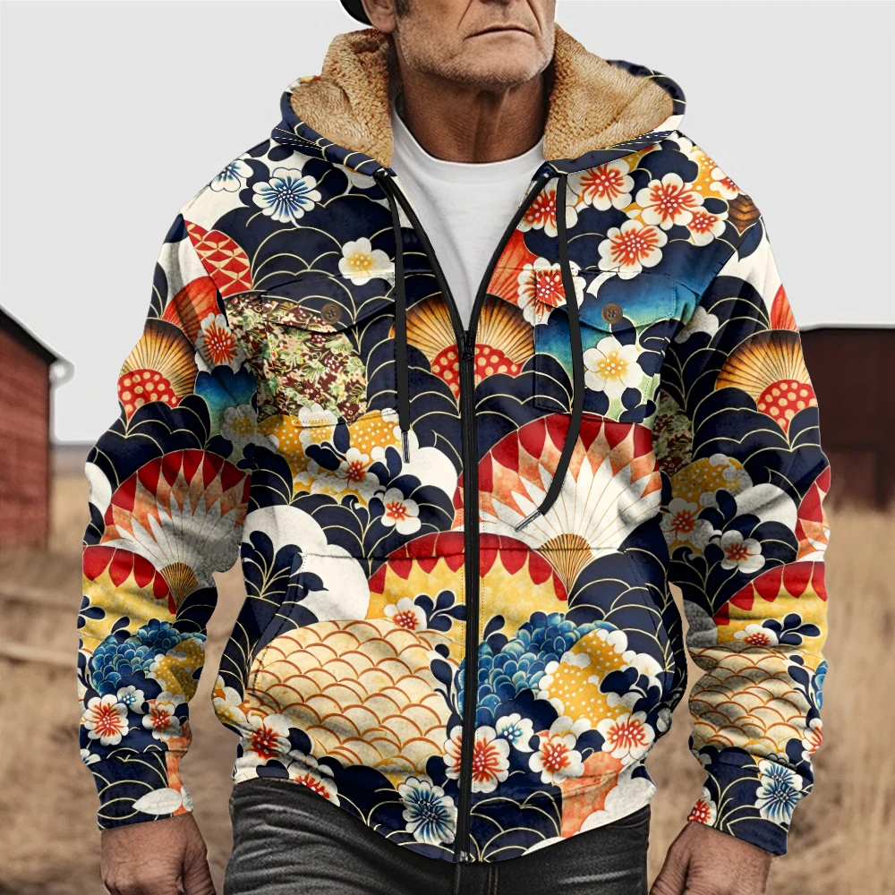Japanese Harajuku Cloud Wave Print Hooded Jacket Warm Faux Fur Lined Zip-Up Coat Button Pockets Unisex Outerwear Street Fashion