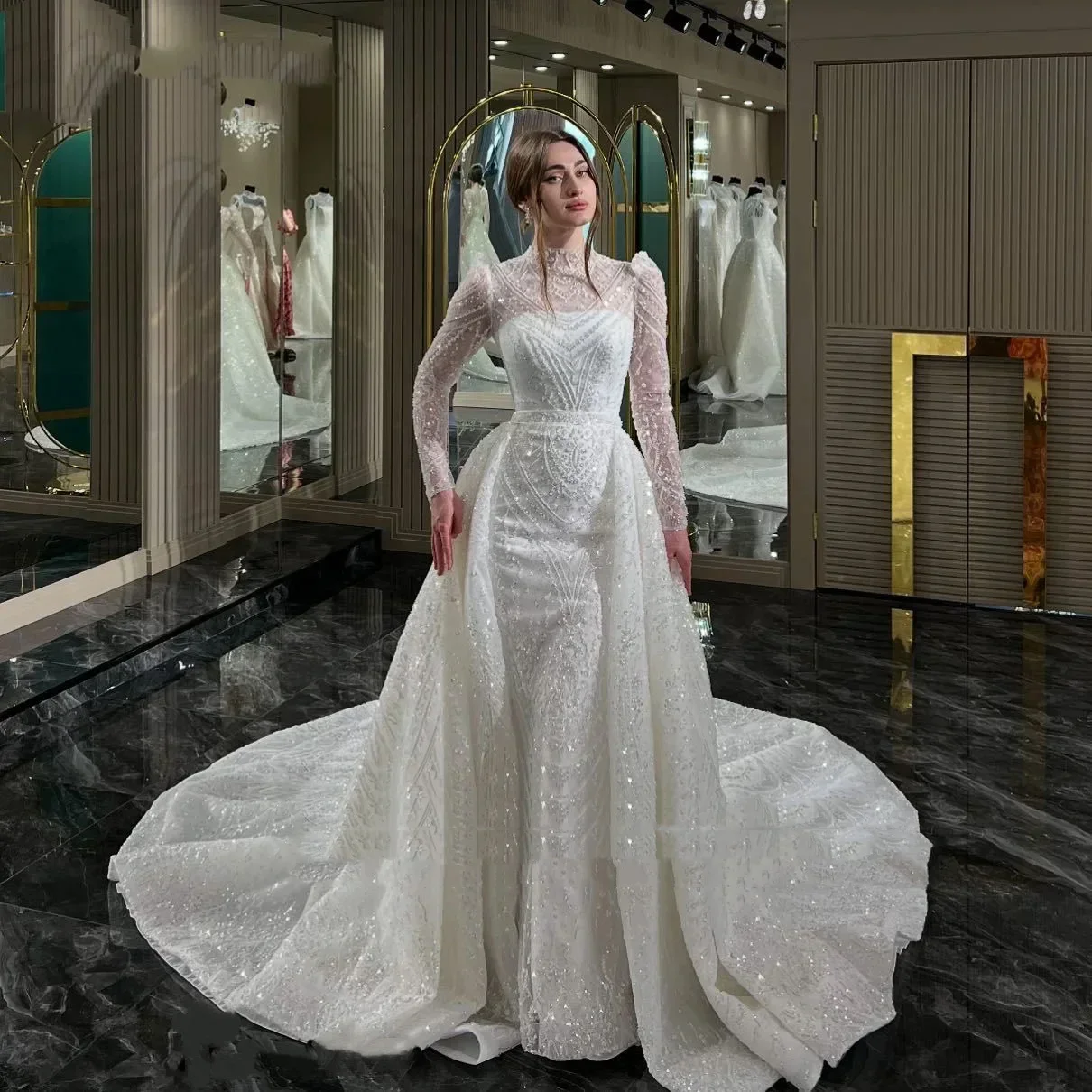 

Luxurious Sparkling High Neck Mermaid Wedding Dress Lace Pearl Embroidery Bridal Ball Dress Detachable Train Wedding Dress