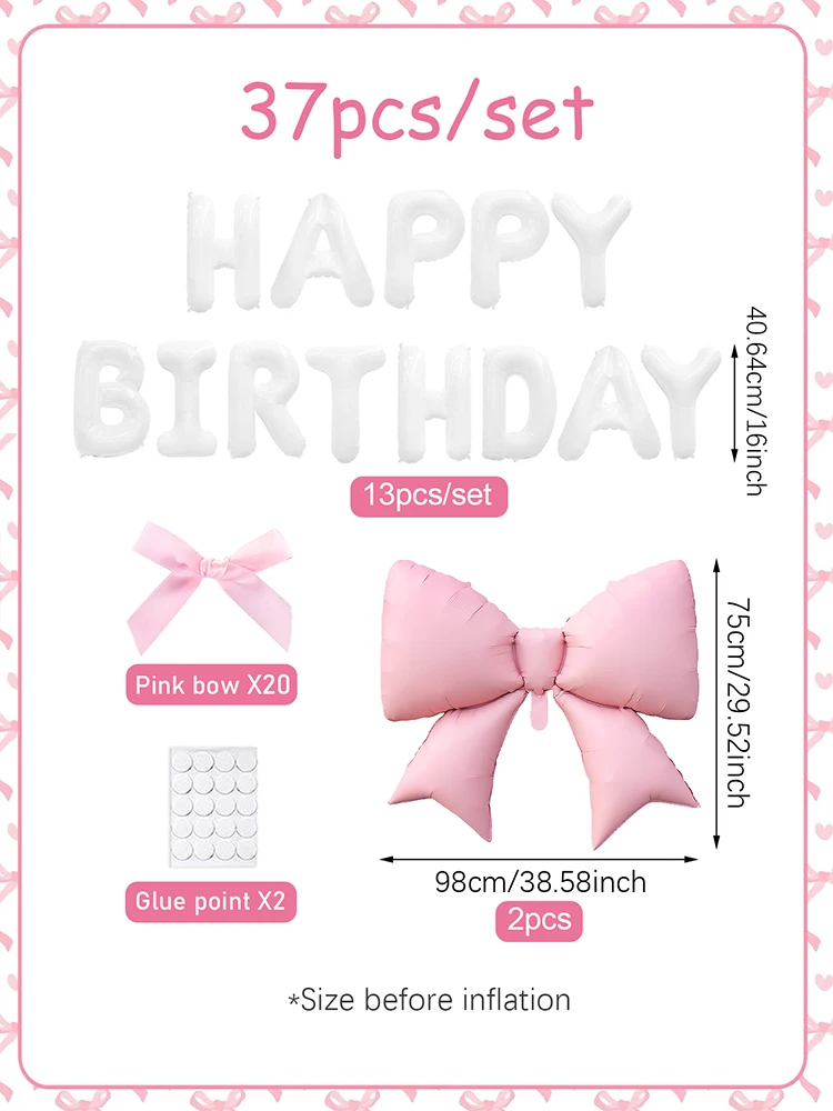 35/37 Stück weiße „Happy Birthday“-Banner-Ballons und hellrosa Schleifenballons, rosa Schleifenband, Prinzessinnen-Geburtstag – Detail 11
