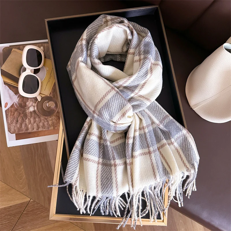 New2024 Cashmere Plaid Scarf Fashion Soft Solid Winter Thicken Big Shawl Women  Wrap Bandana Pashmina Tassel Blanket Neckerchief