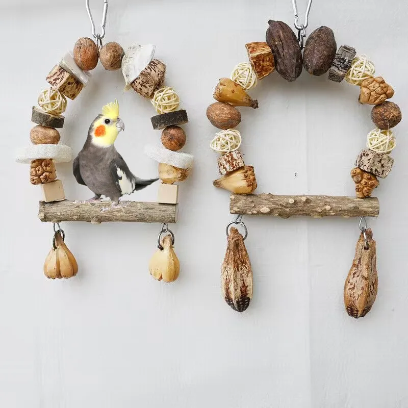

Parrot Bird Toys - Natural Fruit Chinese Prickly Ash Wood Swing with Colorful Nuts - Chew & Grind Teeth for Boredom Relief