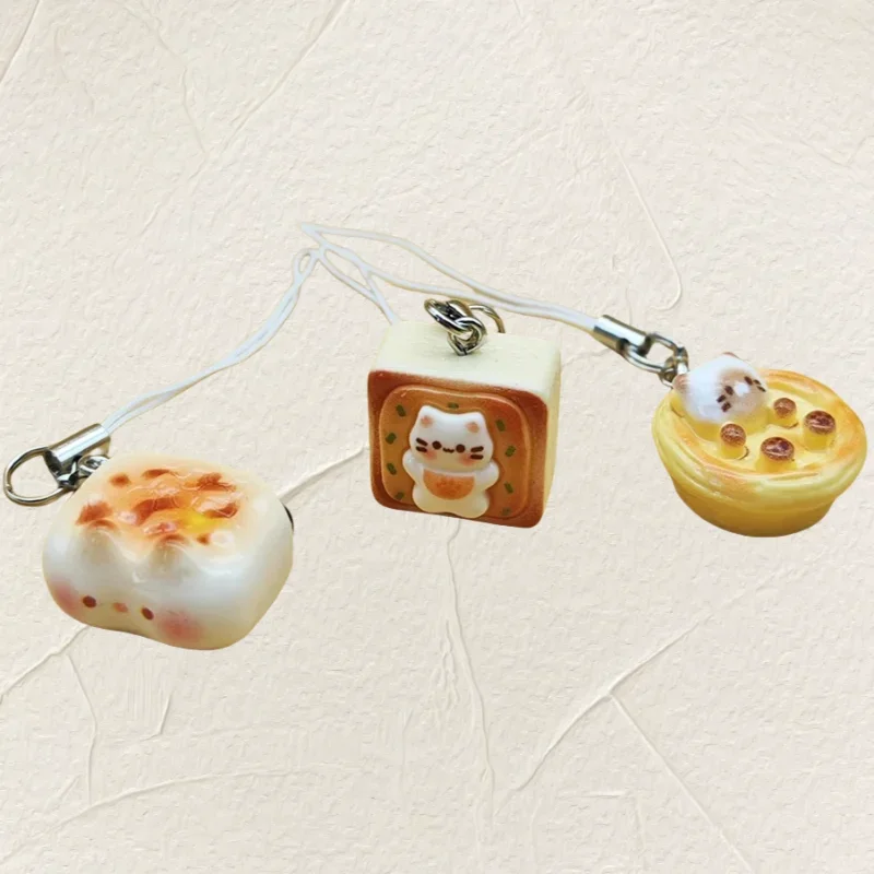 3pcs Set Japanese Style Cute Cat Bread Phone Charms Kitten Toast Keychains Kawaii Lanyard Pendant for Bags Perfect Gift