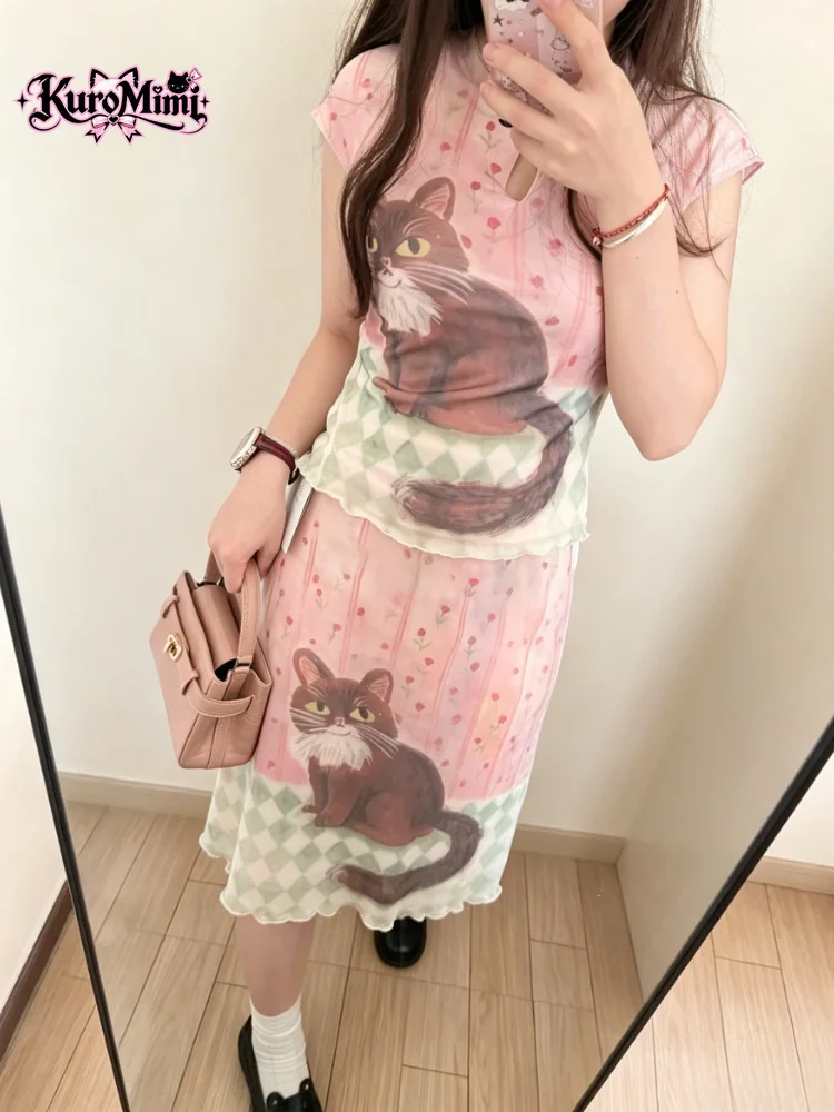 Women New Chinese Style Cat Print Frog Button Top Skirt Set Oriental Zen Elegant Vintage Summer Cheongsam Qipao A-Line Cute Girl