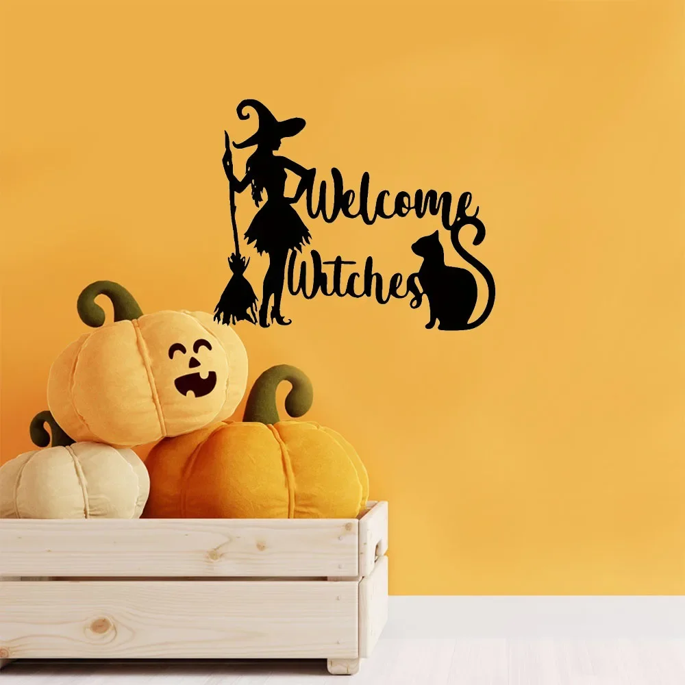 Halloween Metal Wall Art Decor: Witch Cat Broomstick Welcome Sign. Festive Hanging Home Decor and Door Plaque for Holiday Cheer