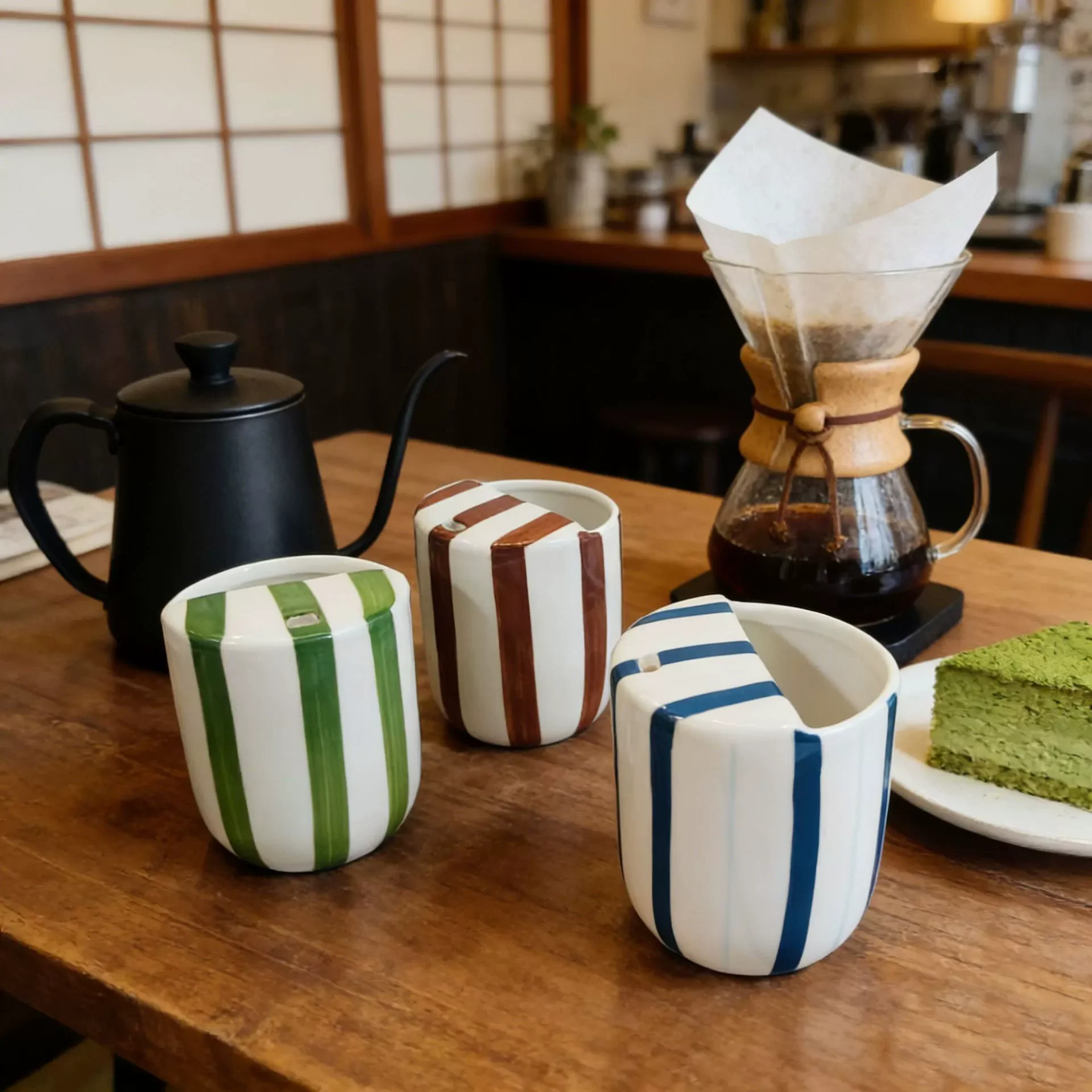 

300ml Retro Ceramic Drinking Cups Vertical Stripe Design Handless Espresso Mug Vintage Porcelain Tea Set for Home Cafe Decor