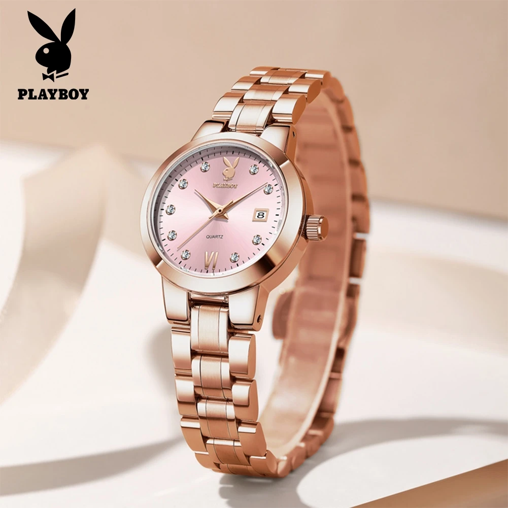 PLAYBOY 3105 Womens Watch Casual Elegant Quartz Watch Stainless Steel Date Display Waterproof Daily Wear Wristwatch for Ladies
