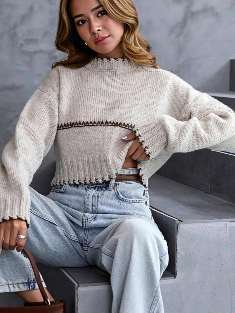 

Short Sweater Patchwork Loose Casual Sweater American Relaxed Vintage Sweater Autumn Winter Chic Pullover Women's Fashion