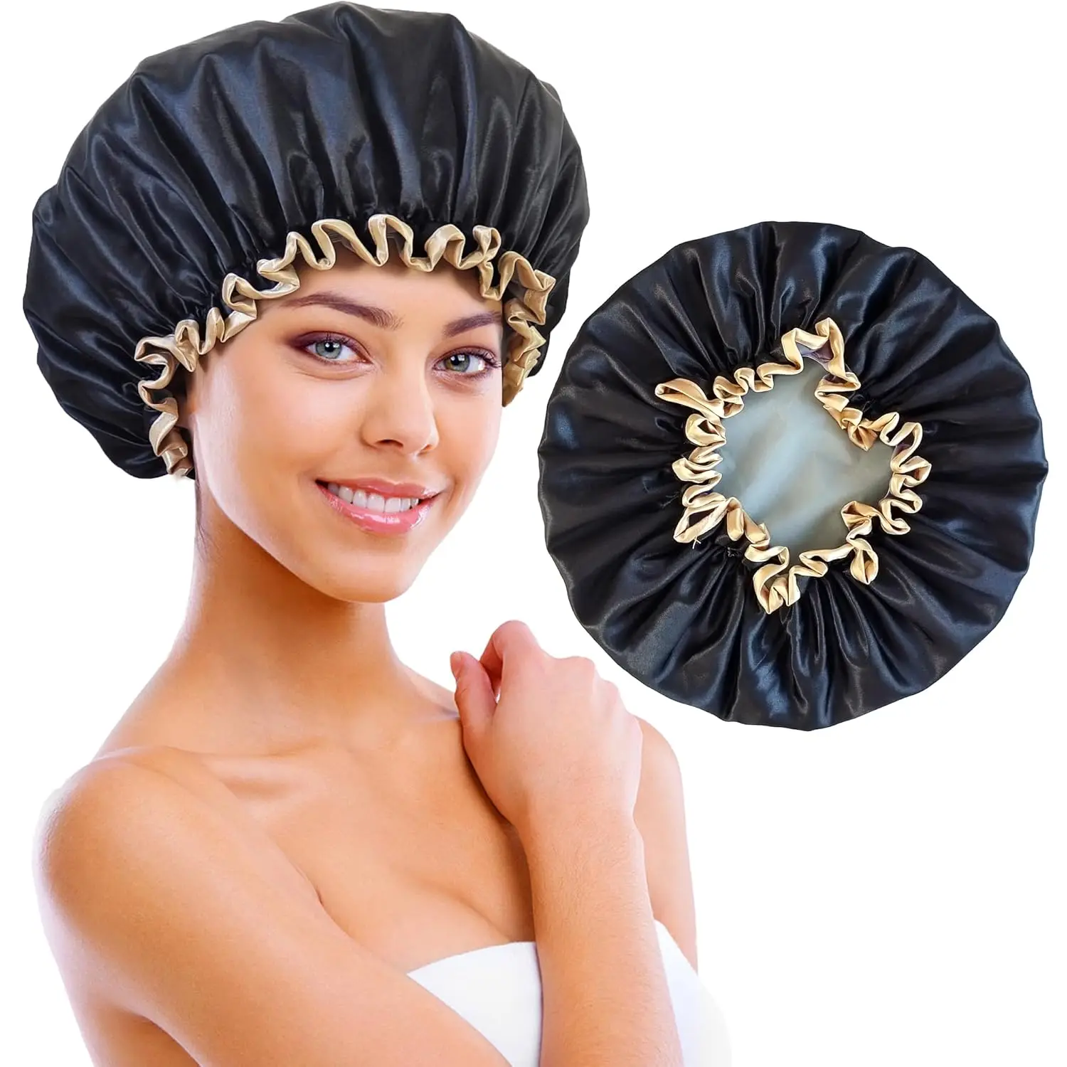 

Shower Cap Reusable Waterproof, Large Shower Cap for Women, Shower Caps for Braids Long Hair, Double Layer Satin