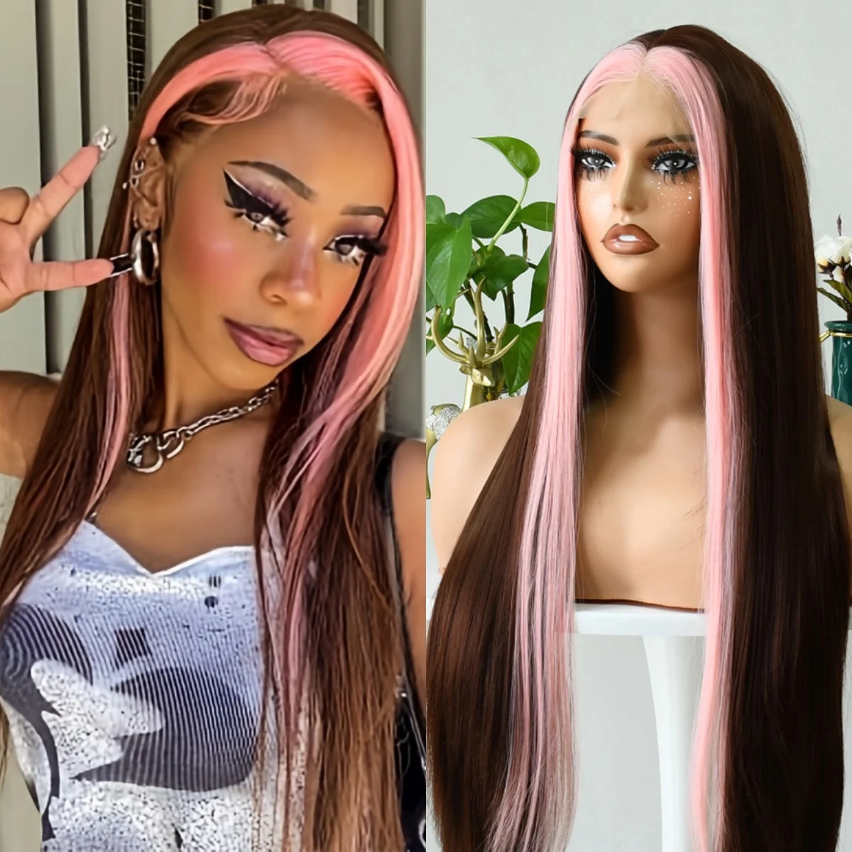 

Brown Highlight Ombre Pink Wig Bone Straight Lace Front Wig 13x4 HD Lace Frontal Wig High Quality Heat Resistant Daily Wear