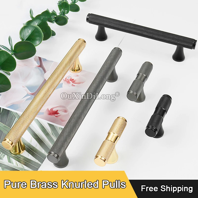 Elegant 4PCS Solid Pure Brass Knurled Furniture Pulls Handle Drawer Knobs Cupboard Wardrobe Kitchen Dresser TV Cabinet Pull Pens