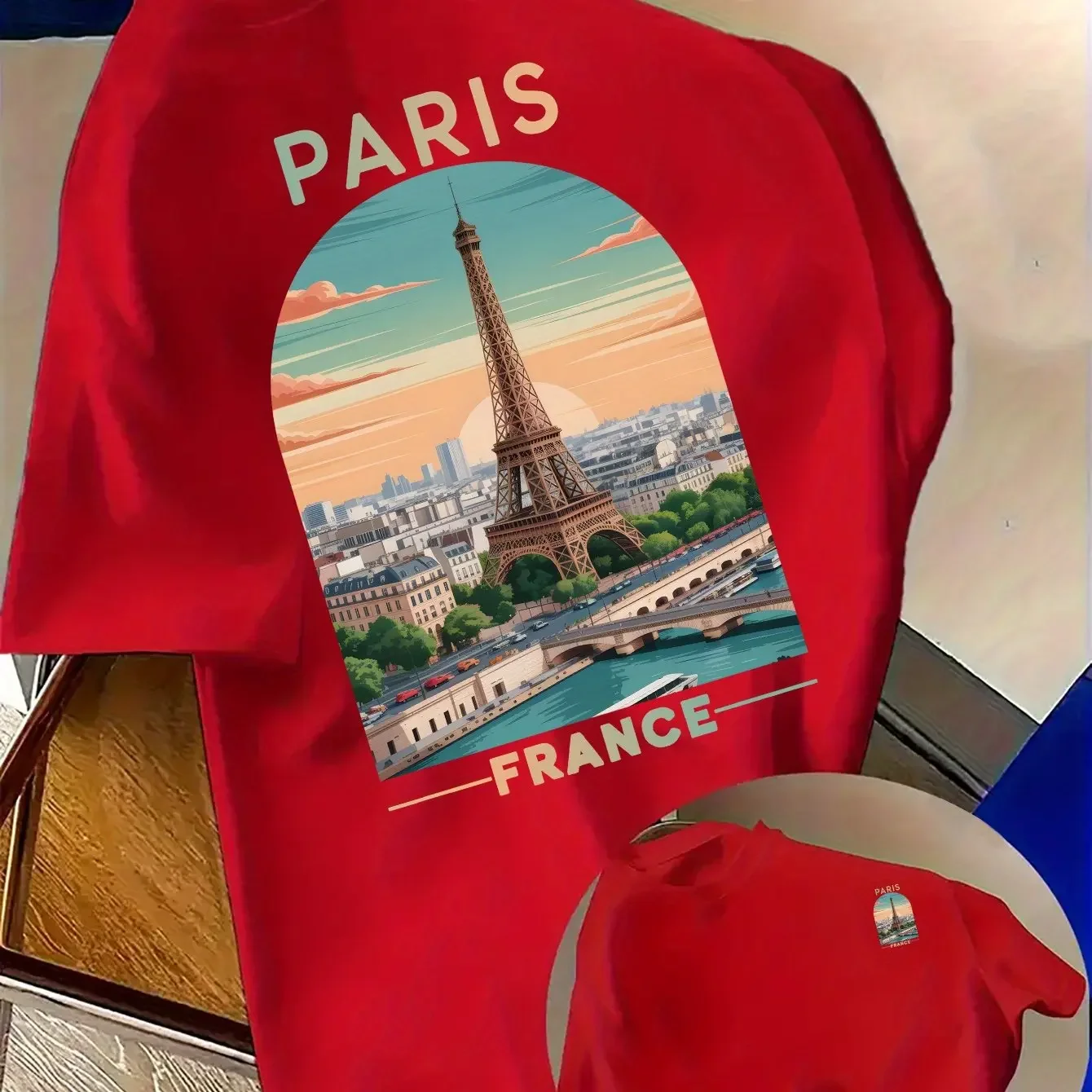 Retro Paris France Eiffel Tower Sunset Double Sided Printed T-shirt Travel Enthusiast Casual Top