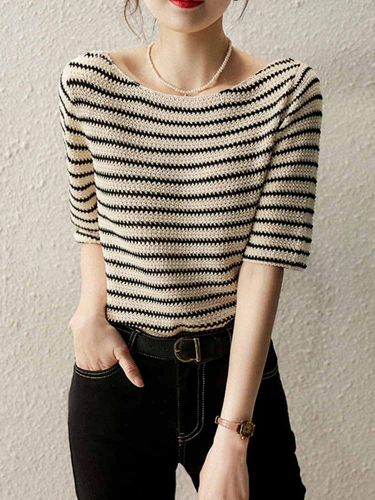 2022 Summer Fashion Women Knitted Tops Half Sleeve O Neck Loose Thin Tshirts T Shirt Female Striped Basic Casual Tee Shirt Femme