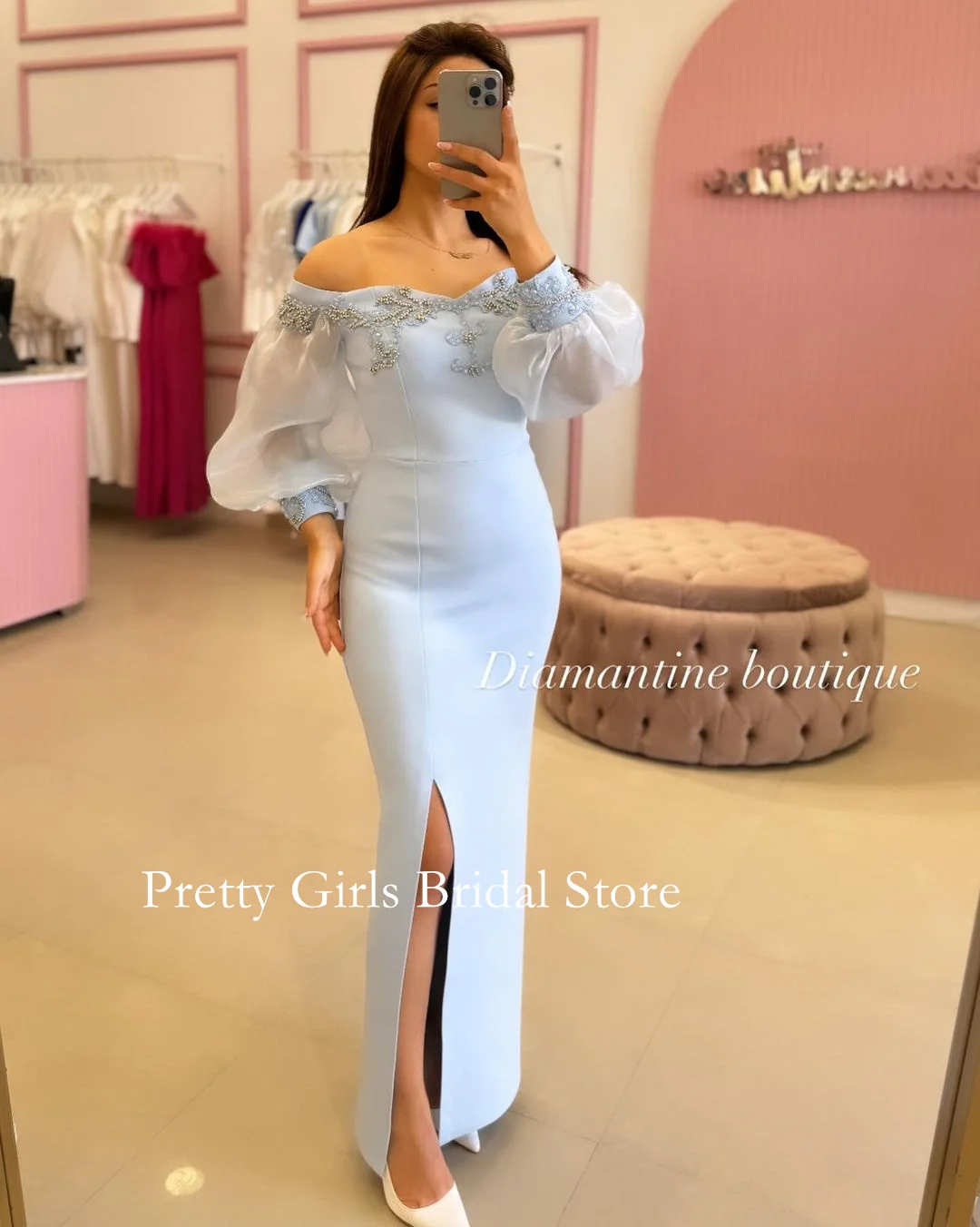 OEING Arabic Style Vintage Off Shoulder Crepe Satin Evening Dresses Puff Sleeves Sky Blue Formal Prom Growns Party Women Bride