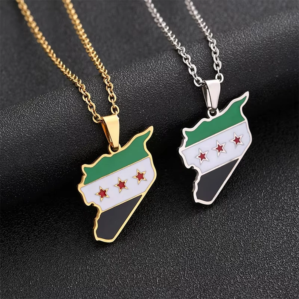 Stainless Steel Syria Map Flag Pendant Necklaces Syrians Traditional Flag Pendant Friendship For Women Men Holiday Party Gift