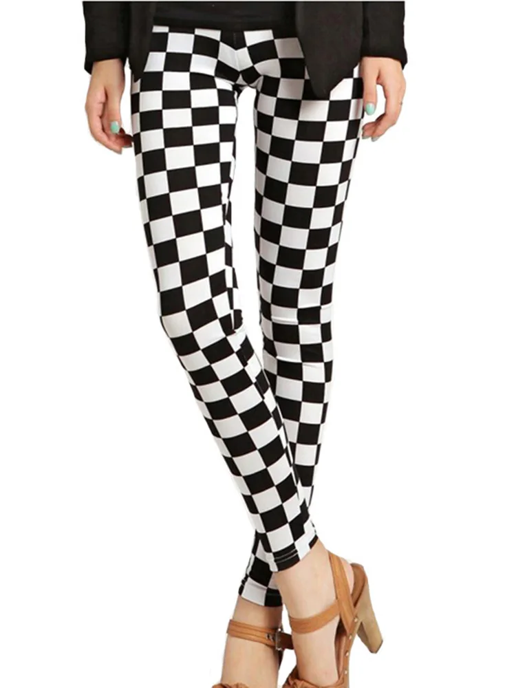 YSDNCHI Black White Plaid Print Leggings Women Grid Houndstooth Leggins Hot Sale Elastic Fashion Polyester Sexy Pants