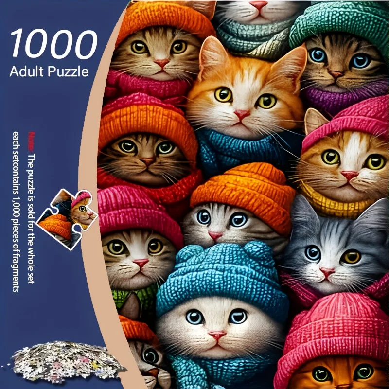 1000-teiliges Katzenpuzzle mit bunten Hüten – lebendige gemischte Farben, herausfordernde DIY-Familienaktivität, Spaß für Erwachsene und Familien, Heimdekoration