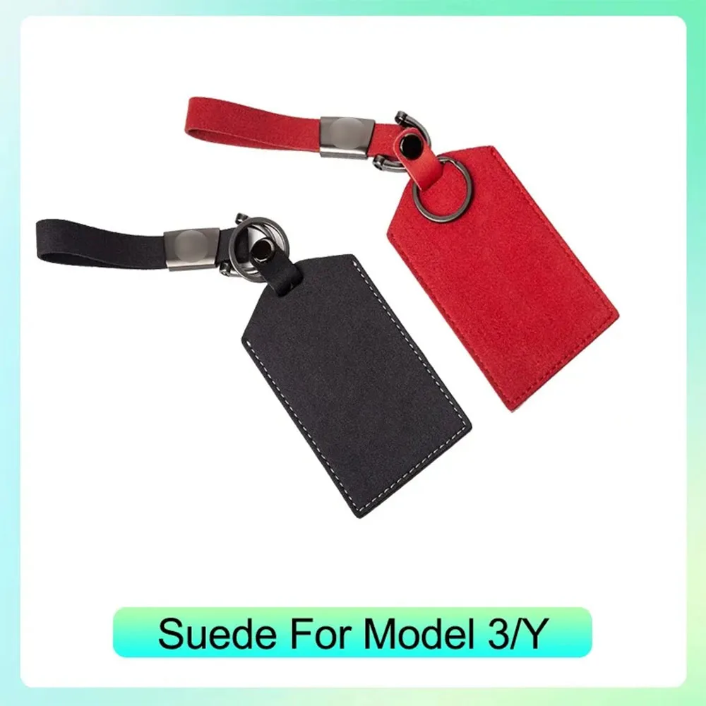 PU Leather Suede Card Key Holder For Tesla Model 3 Y 2023 2022 Car Keychain Protector Case Cover Full Cover Accessories