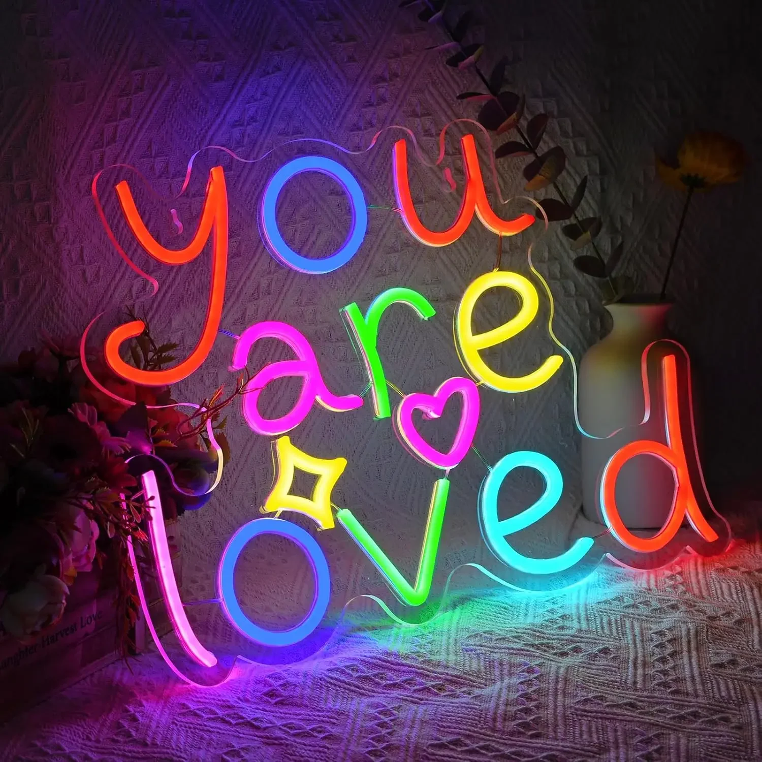 You Are Loved Neon Sign LED Wall Art Colorful Heart Star Quote USB Powered Dimmable Acrylic Glow Lamp Romantic Home Decor