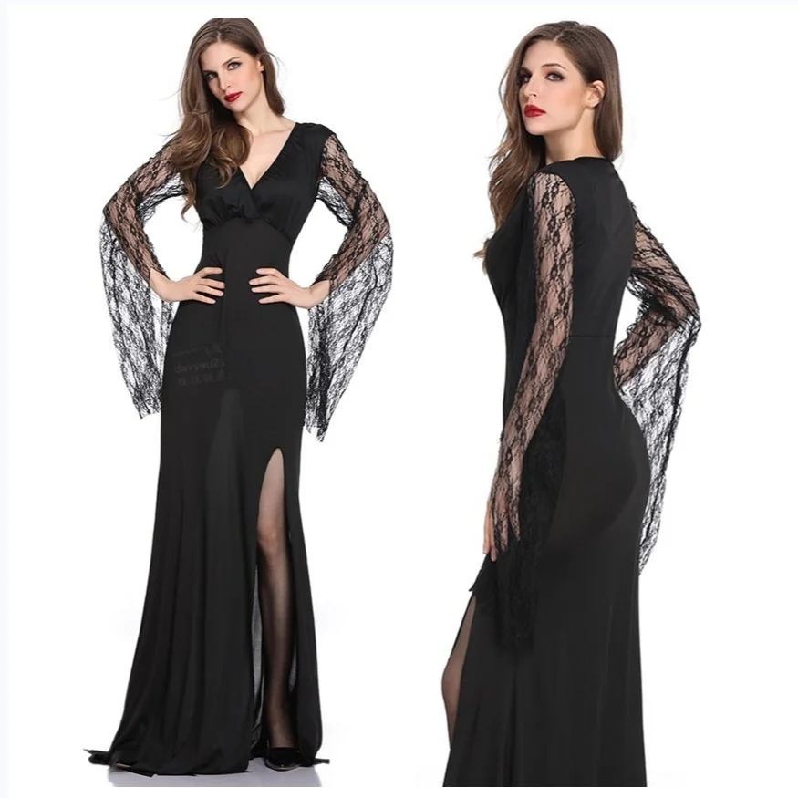 2025 New loween Death God Witch  orm Long Dr Deep V Bla Wedding Dr Fem Demon Costume Stage Performance