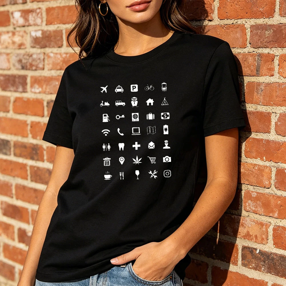 Grid Collage Everyday Travel Icons Pattern T Shirt Women Short Sleeve Tee Minimalist Pictogram Graphic Top