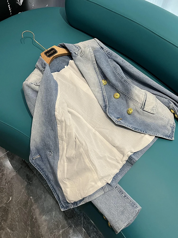 

Slim Fit Double Breasted Lion Button Denim Jaet Long Sve Commute Sle Women's Faion Workwear Classic Color