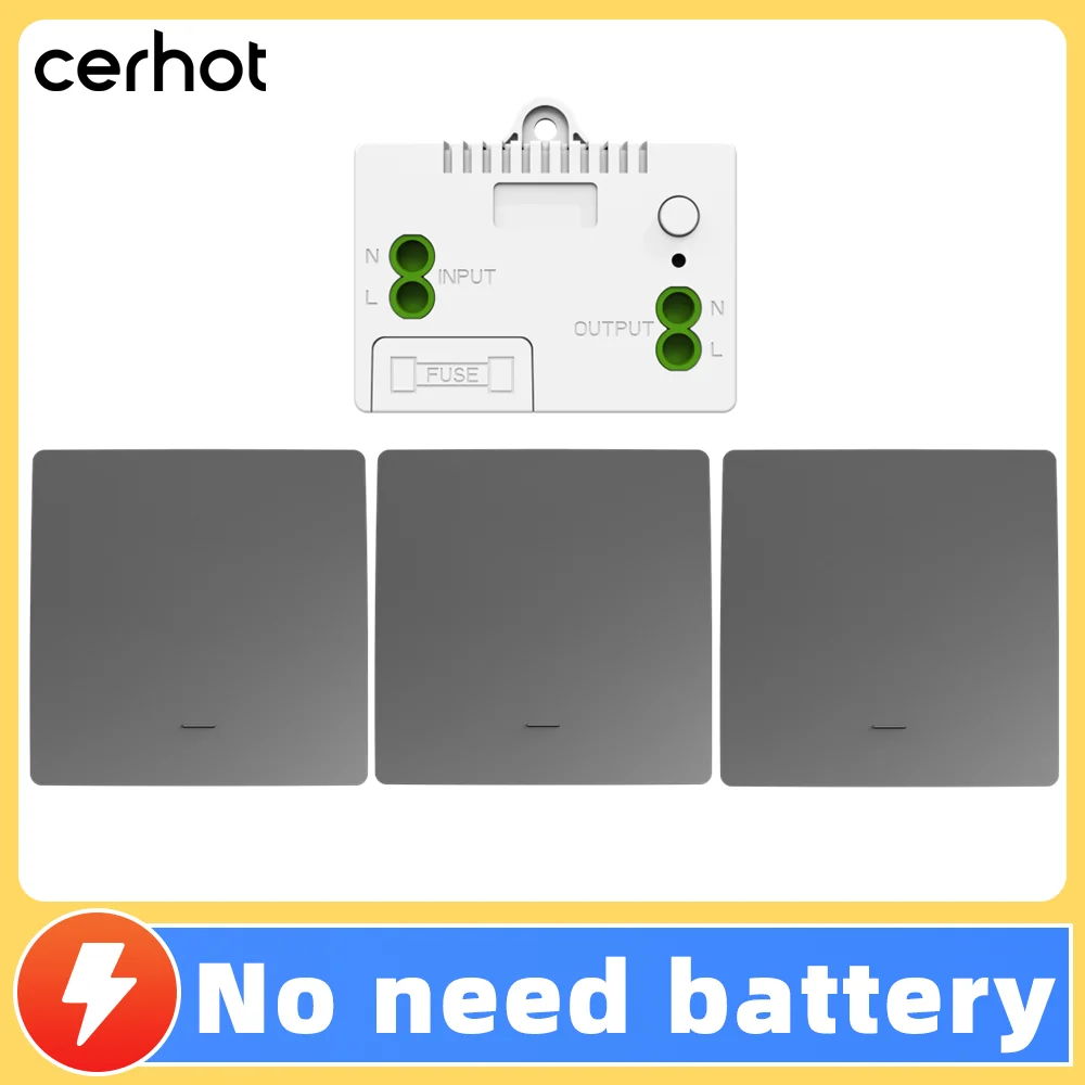 

Cerhot Grey Умный дом RF433 Беспроводной кинетический переключатель Батарея не требуется Водонепроницаемый комплект дистанционного управления с автономным питанием